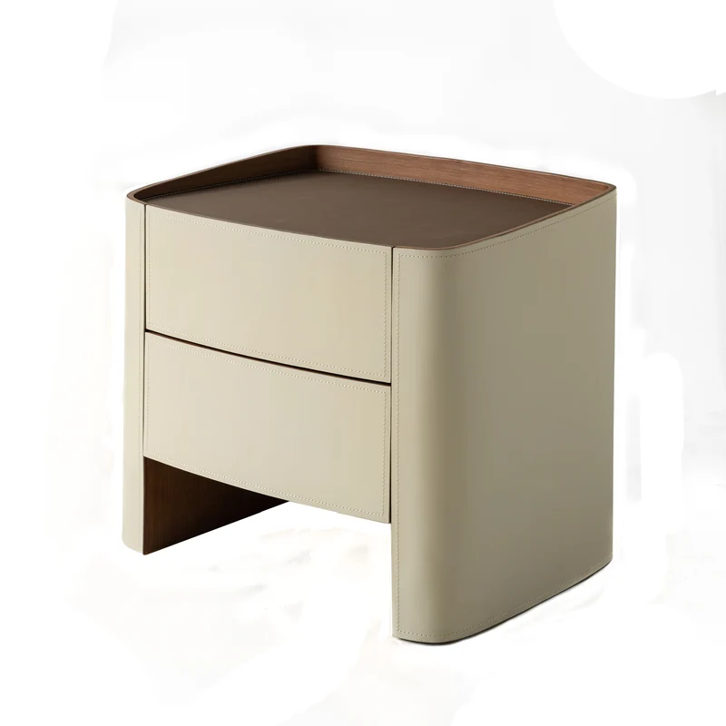 Modern Luxury Beige Nightstand: Floating Design & Saddle-Style Faux Leather Finish - Double Drawer Bedside Table For Bedroom