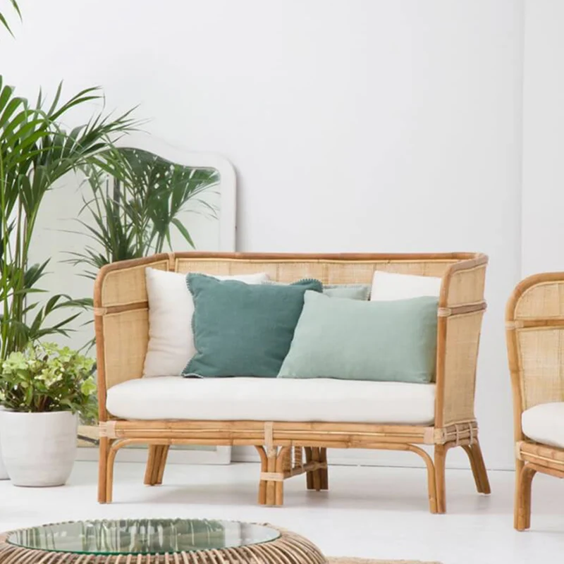 Traditional Chinese Backrest Armrest Sofa: Natural Indonesian Rattan & Handwoven - Waterproof Cushion Zen-Style Chair For Living Room