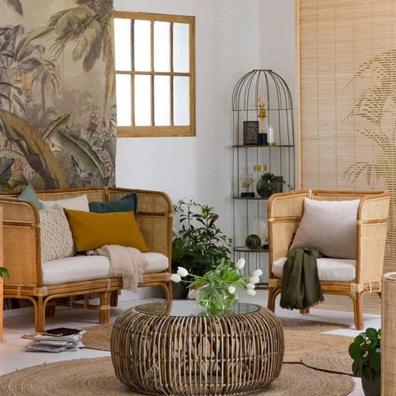 Traditional Chinese Backrest Armrest Sofa: Natural Indonesian Rattan & Handwoven - Waterproof Cushion Zen-Style Chair For Living Room