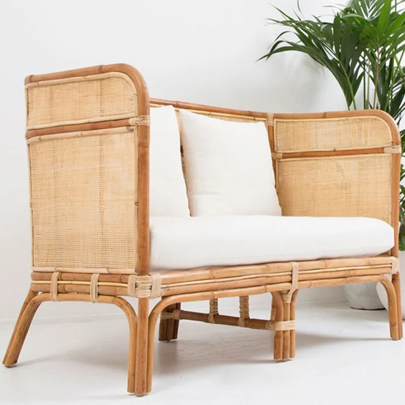 Traditional Chinese Backrest Armrest Sofa: Natural Indonesian Rattan & Handwoven - Waterproof Cushion Zen-Style Chair For Living Room