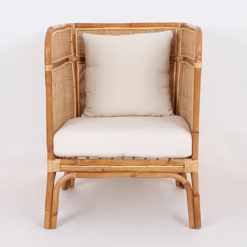 Traditional Chinese Backrest Armrest Sofa: Natural Indonesian Rattan & Handwoven - Waterproof Cushion Zen-Style Chair For Living Room