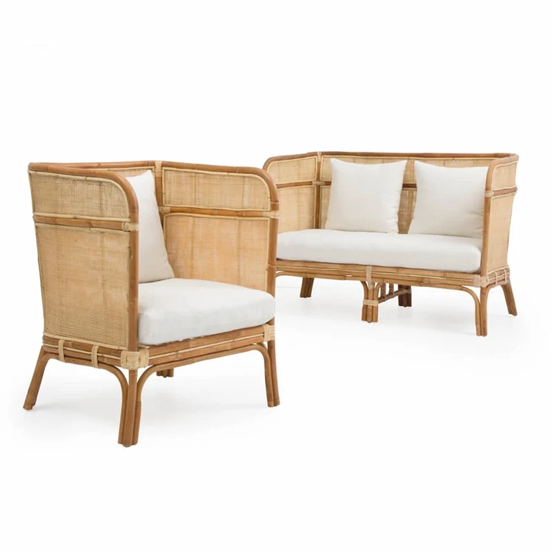 Traditional Chinese Backrest Armrest Sofa: Natural Indonesian Rattan & Handwoven - Waterproof Cushion Zen-Style Chair For Living Room