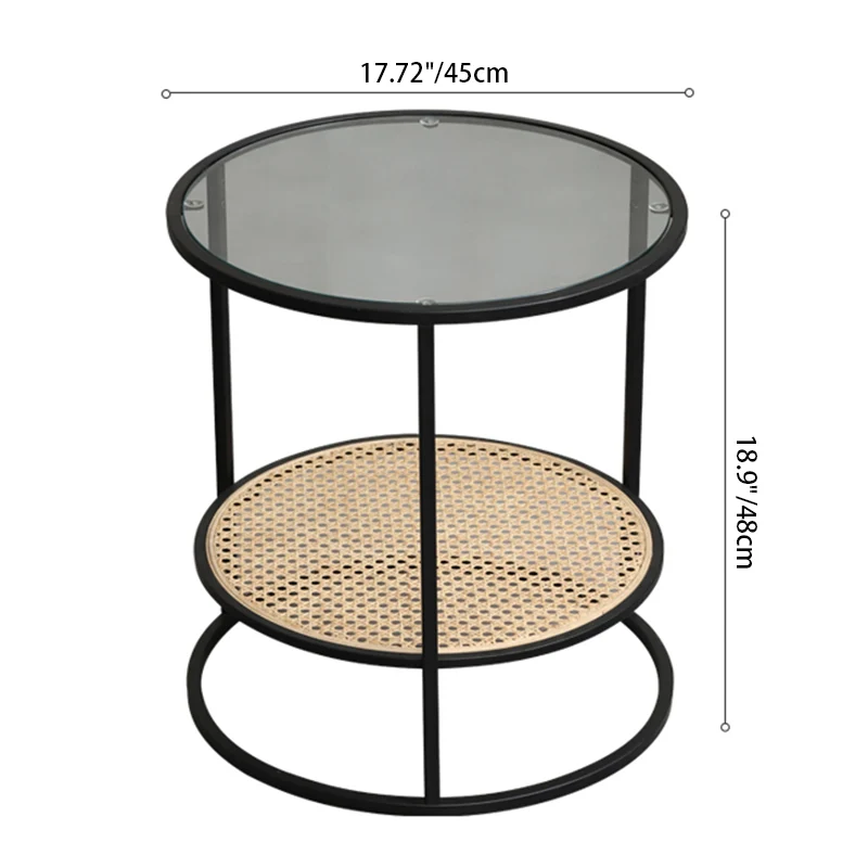 Modern Minimalist Round Glass-Top Side Table: Natural Indonesian Rattan & Handwoven - 2-Tier End Table For Living Room