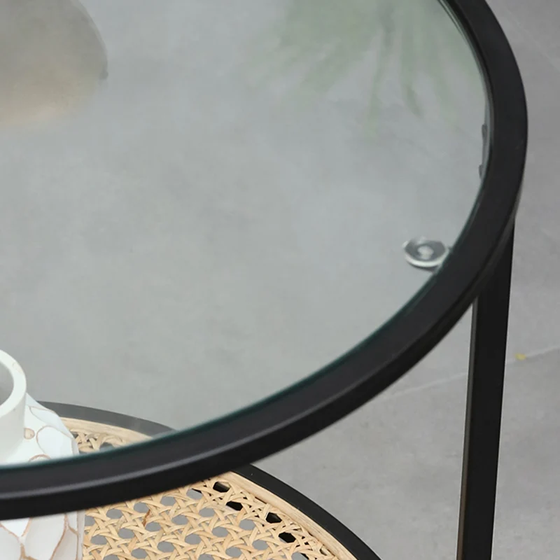 Modern Minimalist Round Glass-Top Side Table: Natural Indonesian Rattan & Handwoven - 2-Tier End Table For Living Room