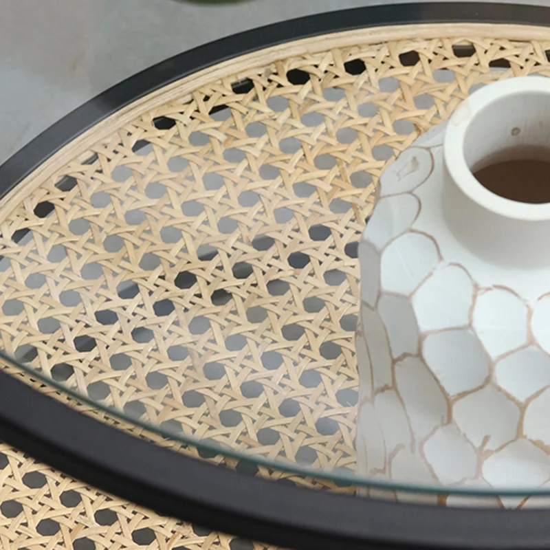Modern Minimalist Round Glass-Top Side Table: Natural Indonesian Rattan & Handwoven - 2-Tier End Table For Living Room