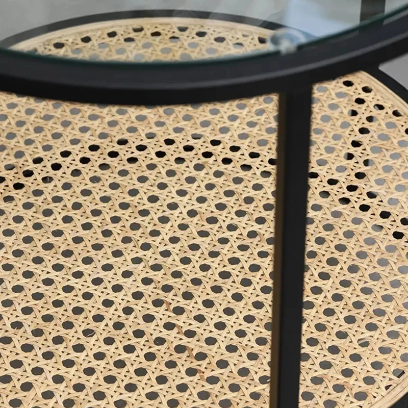 Modern Minimalist Round Glass-Top Side Table: Natural Indonesian Rattan & Handwoven - 2-Tier End Table For Living Room