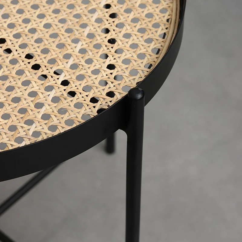 Modern Minimalist Round Glass-Top Side Table: Natural Indonesian Rattan & Handwoven - 2-Tier End Table For Living Room