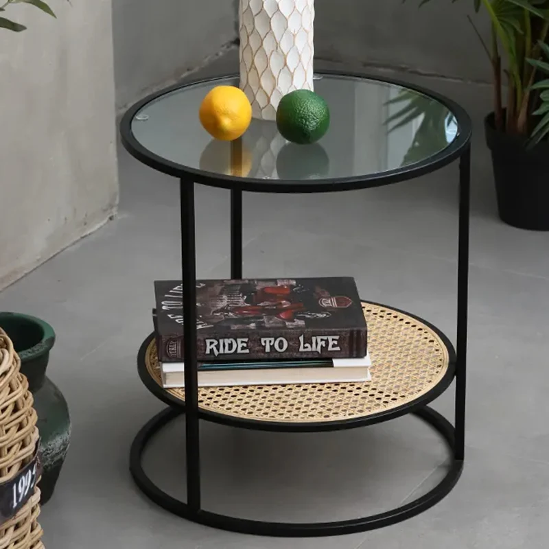 Modern Minimalist Round Glass-Top Side Table: Natural Indonesian Rattan & Handwoven - 2-Tier End Table For Living Room