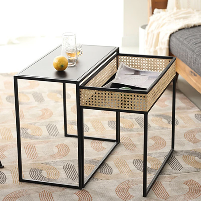 Modern Minimalist Rectangular Iron Desk: Natural Indonesian Rattan & Handwoven - 1 Storage Cabinet Side Table For Living Room