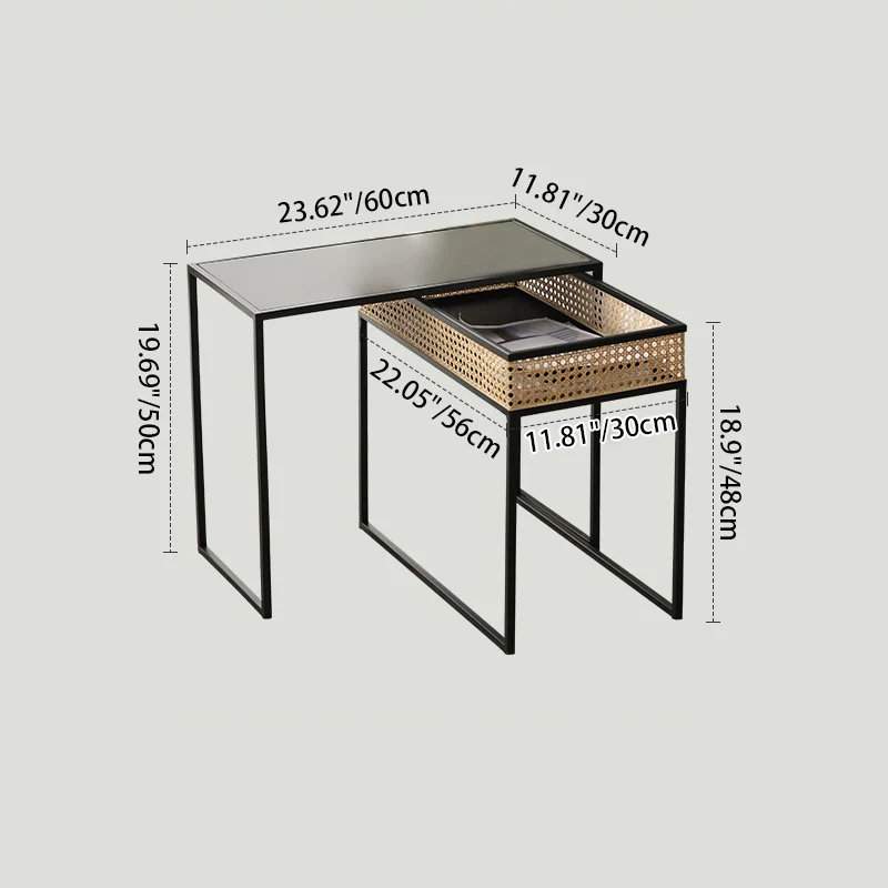 Modern Minimalist Rectangular Iron Desk: Natural Indonesian Rattan & Handwoven - 1 Storage Cabinet Side Table For Living Room