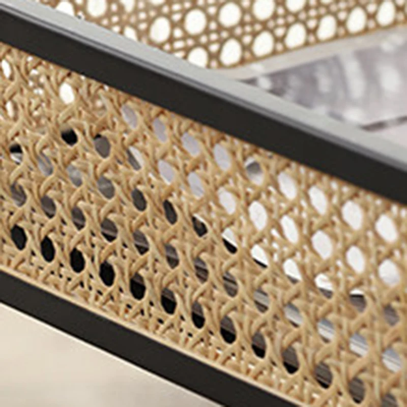 Modern Minimalist Rectangular Iron Desk: Natural Indonesian Rattan & Handwoven - 1 Storage Cabinet Side Table For Living Room