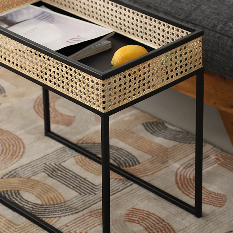 Modern Minimalist Rectangular Iron Desk: Natural Indonesian Rattan & Handwoven - 1 Storage Cabinet Side Table For Living Room