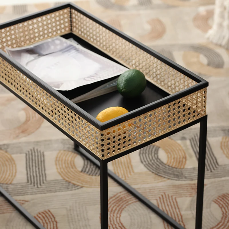 Modern Minimalist Rectangular Iron Desk: Natural Indonesian Rattan & Handwoven - 1 Storage Cabinet Side Table For Living Room