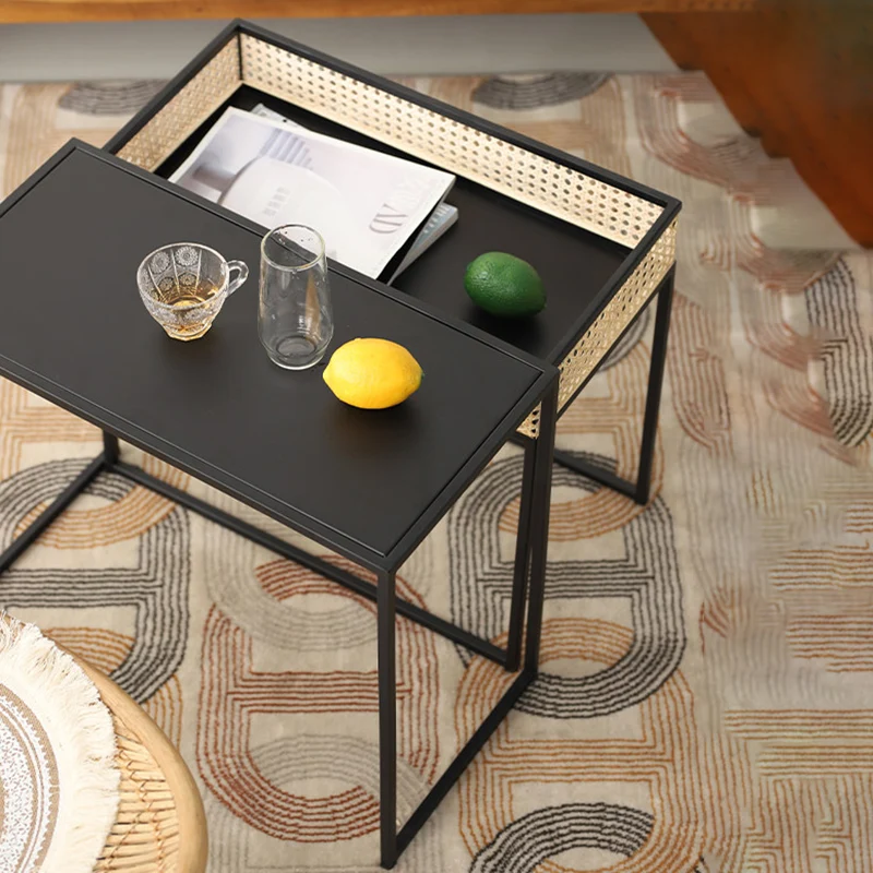 Modern Minimalist Rectangular Iron Desk: Natural Indonesian Rattan & Handwoven - 1 Storage Cabinet Side Table For Living Room