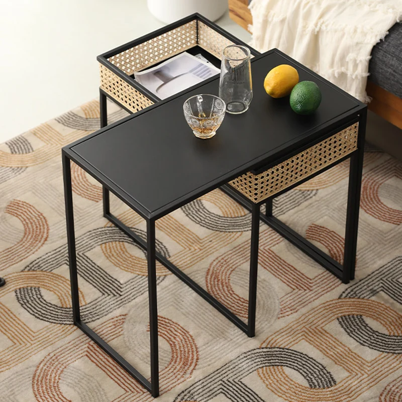 Modern Minimalist Rectangular Iron Desk: Natural Indonesian Rattan & Handwoven - 1 Storage Cabinet Side Table For Living Room
