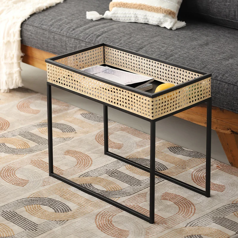 Modern Minimalist Rectangular Iron Desk: Natural Indonesian Rattan & Handwoven - 1 Storage Cabinet Side Table For Living Room