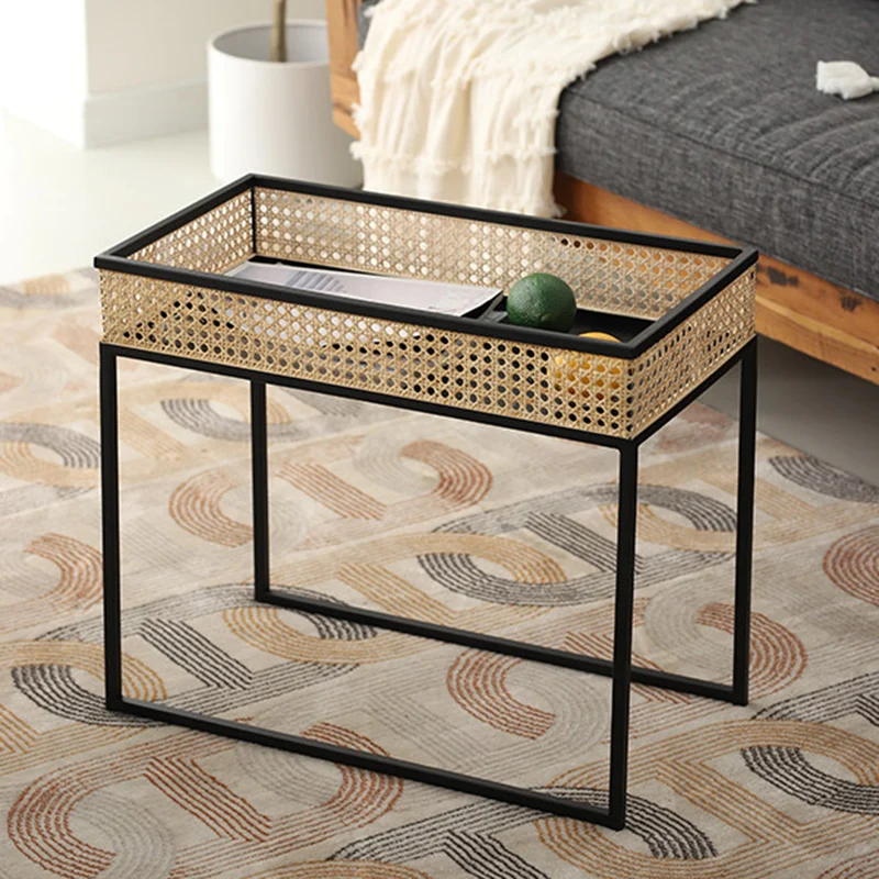 Modern Minimalist Rectangular Iron Desk: Natural Indonesian Rattan & Handwoven - 1 Storage Cabinet Side Table For Living Room