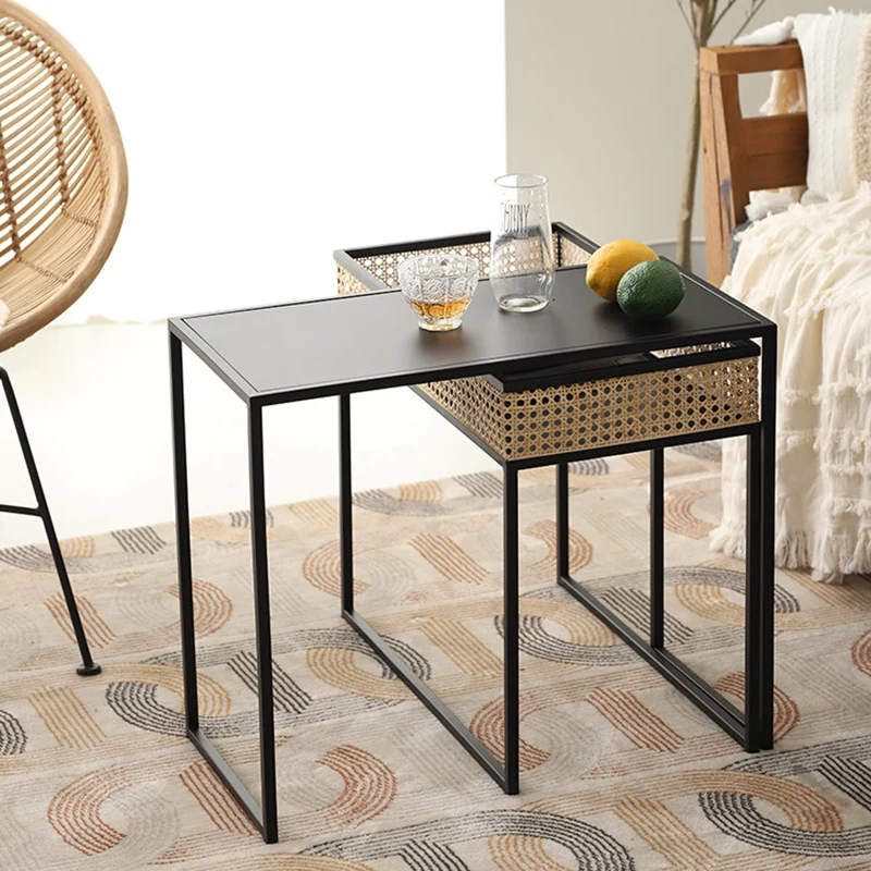 Modern Minimalist Rectangular Iron Desk: Natural Indonesian Rattan & Handwoven - 1 Storage Cabinet Side Table For Living Room