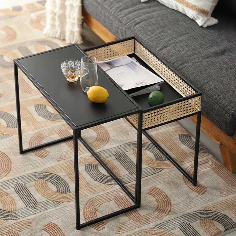 Modern Minimalist Rectangular Iron Desk: Natural Indonesian Rattan & Handwoven - 1 Storage Cabinet Side Table For Living Room