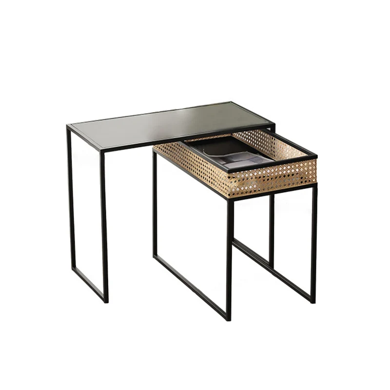 Modern Minimalist Rectangular Iron Desk: Natural Indonesian Rattan & Handwoven - 1 Storage Cabinet Side Table For Living Room
