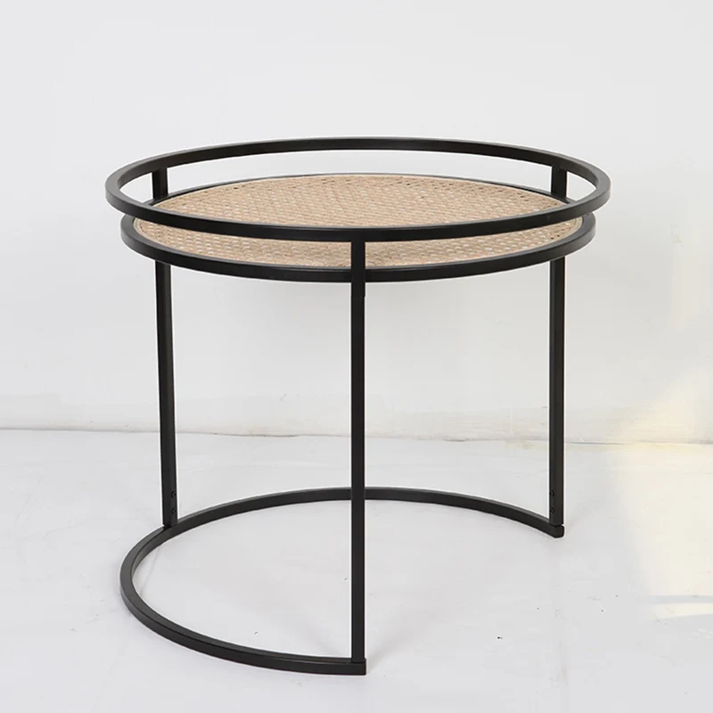 Modern Minimalist Round Iron Side Table: Natural Indonesian Rattan & Handwoven - Dual-Table Set End Table For Living Room