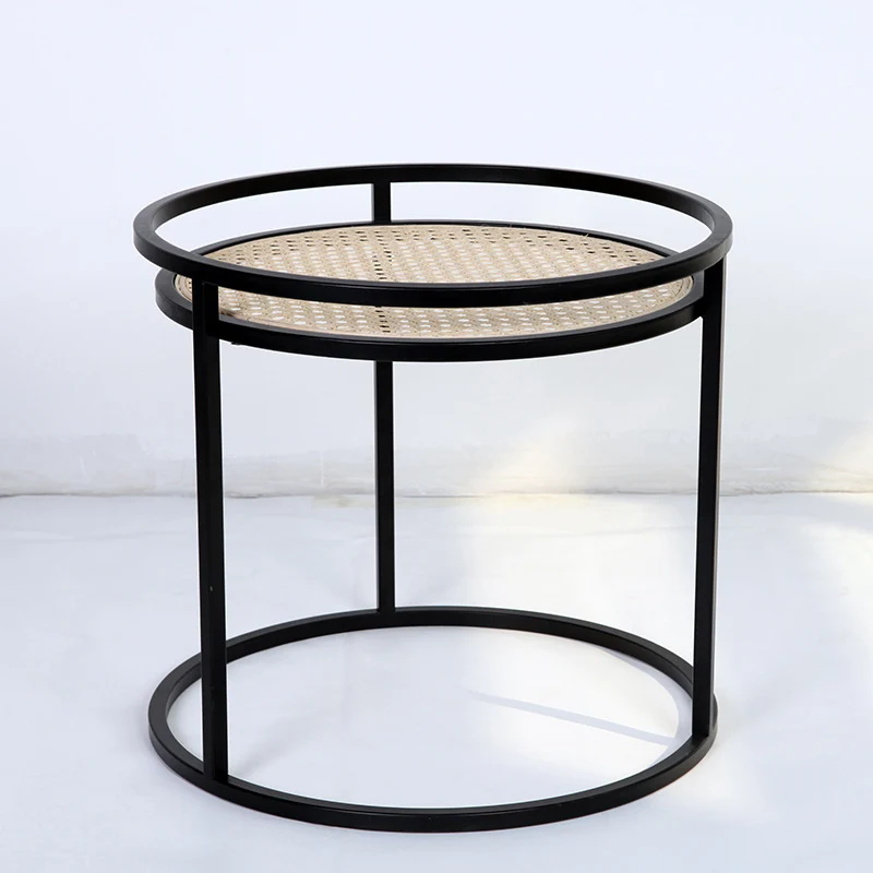 Modern Minimalist Round Iron Side Table: Natural Indonesian Rattan & Handwoven - Dual-Table Set End Table For Living Room
