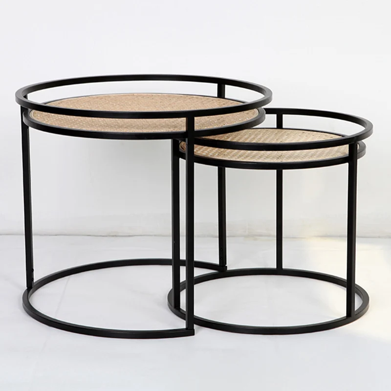 Modern Minimalist Round Iron Side Table: Natural Indonesian Rattan & Handwoven - Dual-Table Set End Table For Living Room