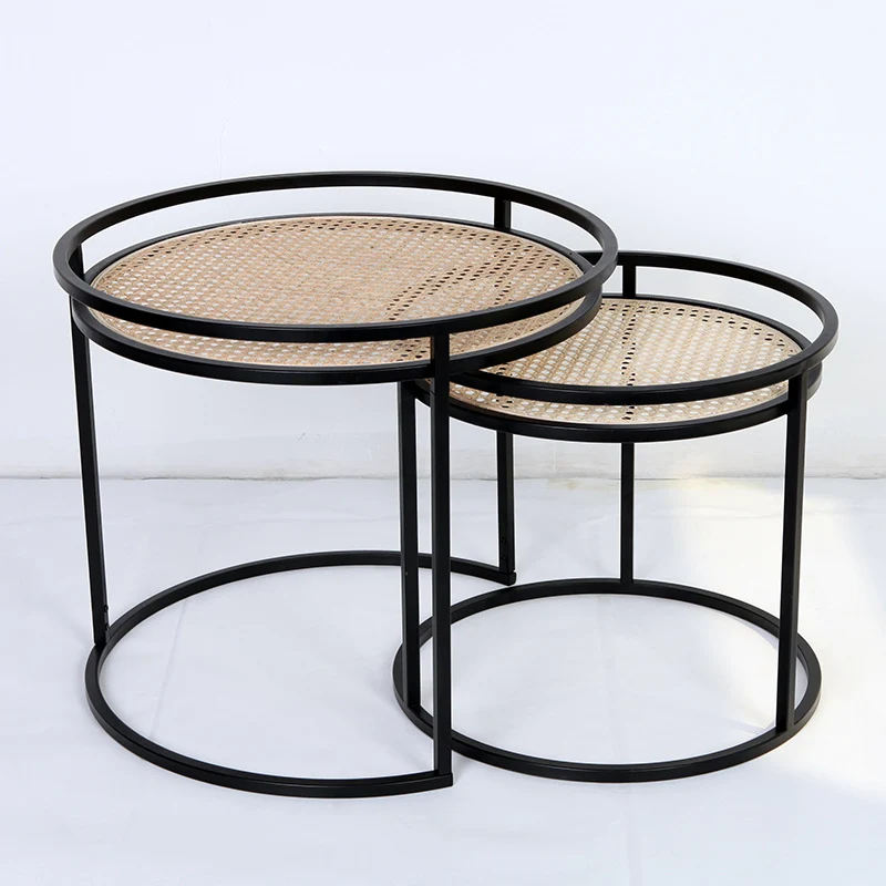 Modern Minimalist Round Iron Side Table: Natural Indonesian Rattan & Handwoven - Dual-Table Set End Table For Living Room