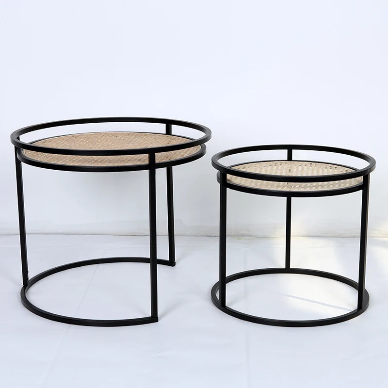 Modern Minimalist Round Iron Side Table: Natural Indonesian Rattan & Handwoven - Dual-Table Set End Table For Living Room