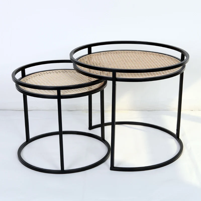 Modern Minimalist Round Iron Side Table: Natural Indonesian Rattan & Handwoven - Dual-Table Set End Table For Living Room