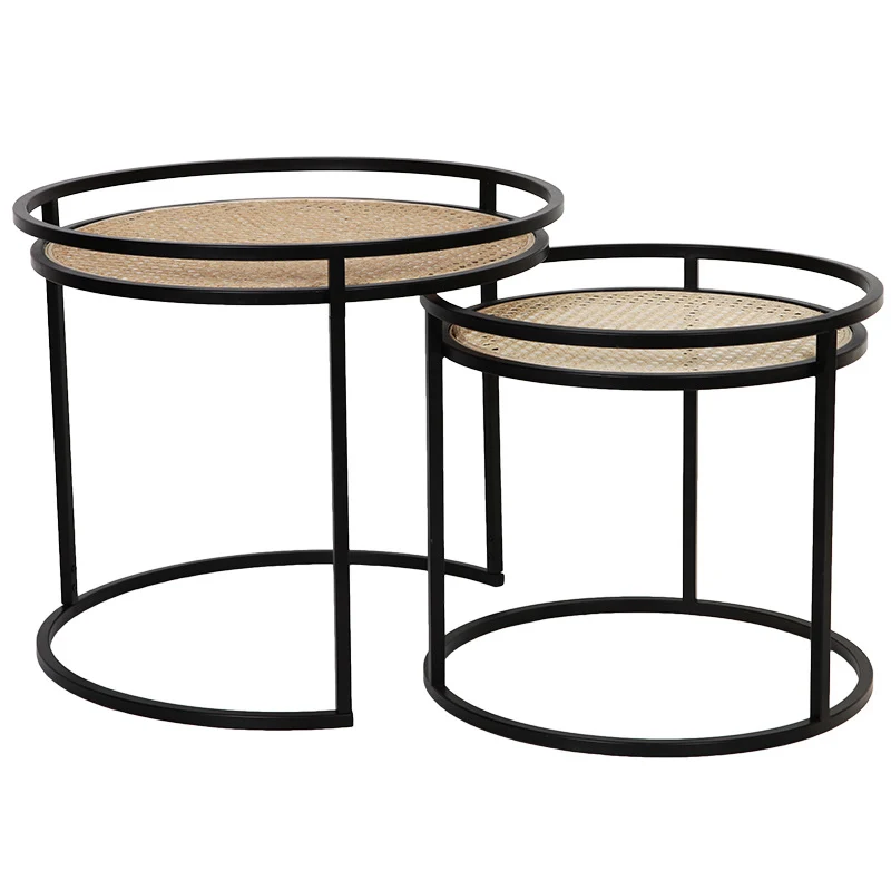 Modern Minimalist Round Iron Side Table: Natural Indonesian Rattan & Handwoven - Dual-Table Set End Table For Living Room