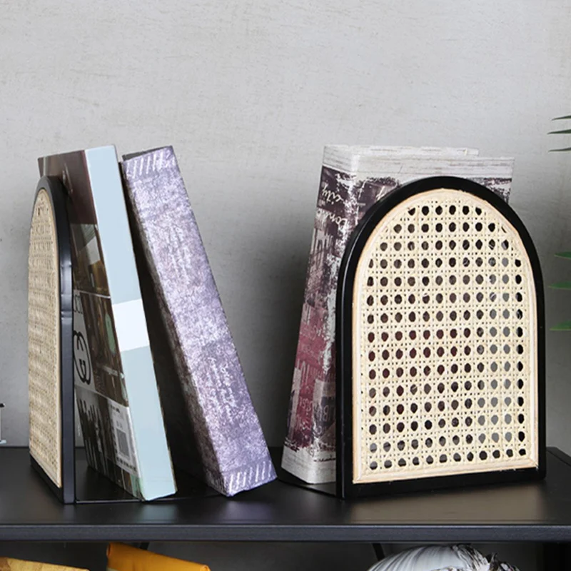 Traditional Vintage Half-Round Iron Bookshelf: Natural Indonesian Rattan & Handwoven - Desk Storage Shelf For Study & Bedroom