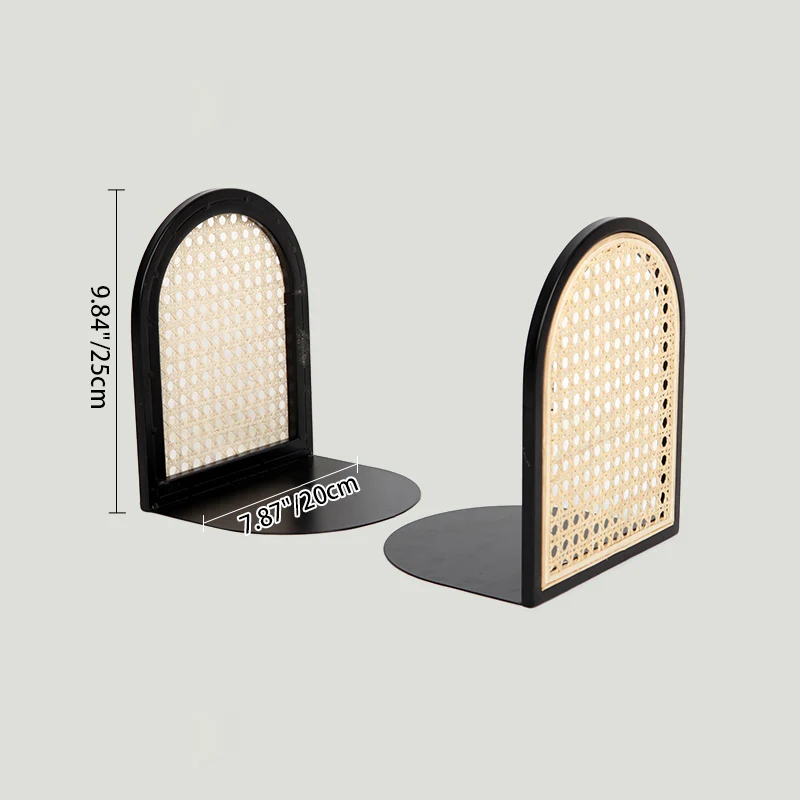 Traditional Vintage Half-Round Iron Bookshelf: Natural Indonesian Rattan & Handwoven - Desk Storage Shelf For Study & Bedroom