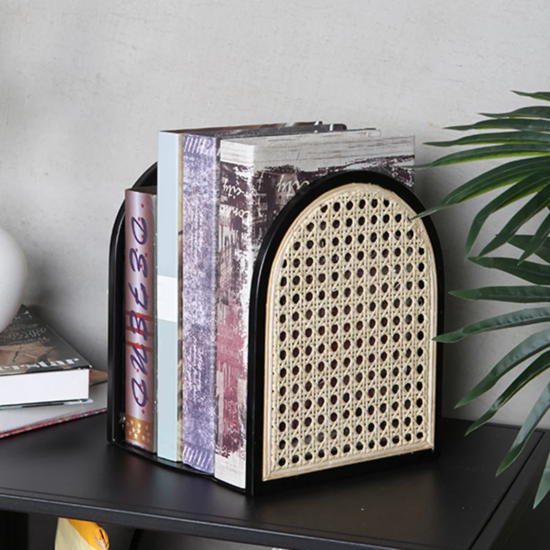 Traditional Vintage Half-Round Iron Bookshelf: Natural Indonesian Rattan & Handwoven - Desk Storage Shelf For Study & Bedroom