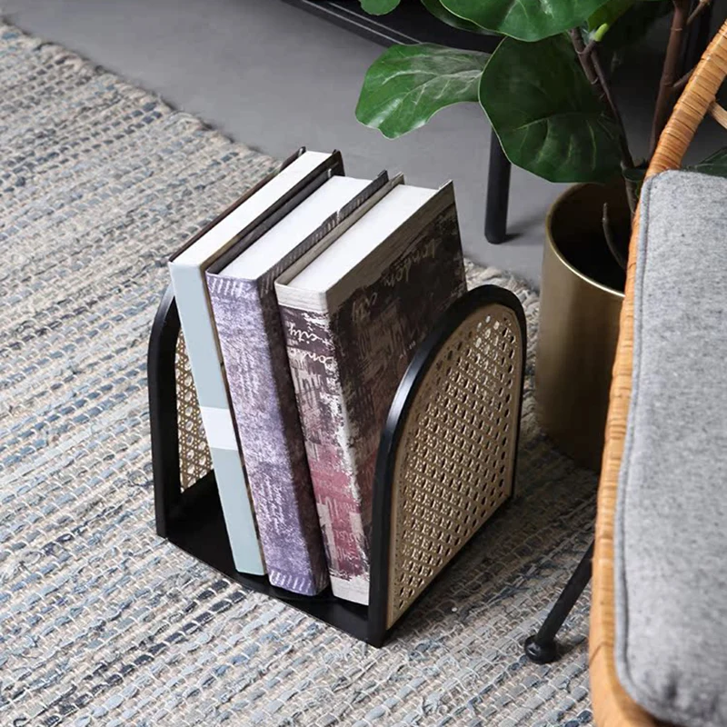 Traditional Vintage Half-Round Iron Bookshelf: Natural Indonesian Rattan & Handwoven - Desk Storage Shelf For Study & Bedroom