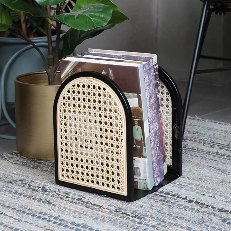 Traditional Vintage Half-Round Iron Bookshelf: Natural Indonesian Rattan & Handwoven - Desk Storage Shelf For Study & Bedroom