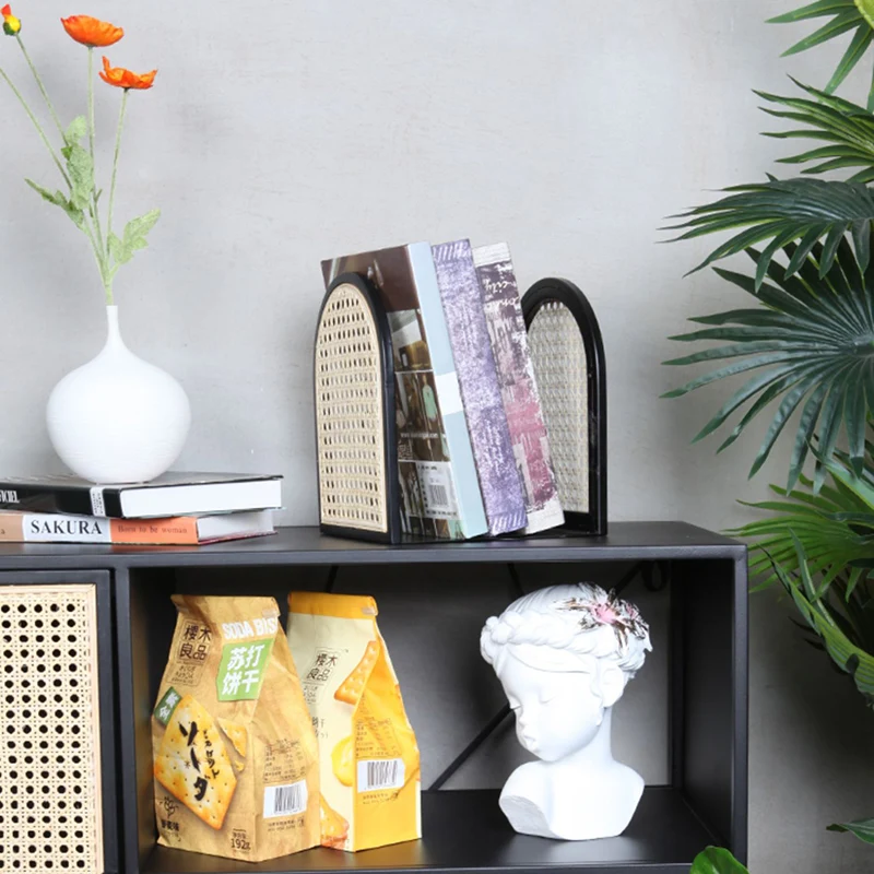 Traditional Vintage Half-Round Iron Bookshelf: Natural Indonesian Rattan & Handwoven - Desk Storage Shelf For Study & Bedroom