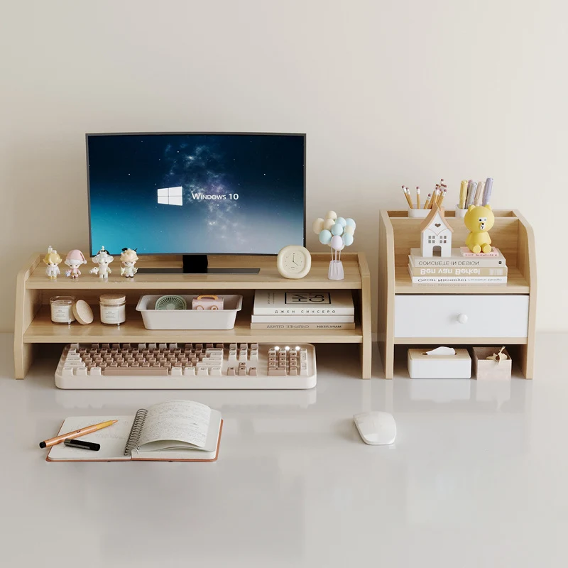 Contemporary Scandinavian Rectangular Medium-Density Fiberboard Desktop Storage Shelf 2/3-Tier 1-Drawer For Office & Bedroom