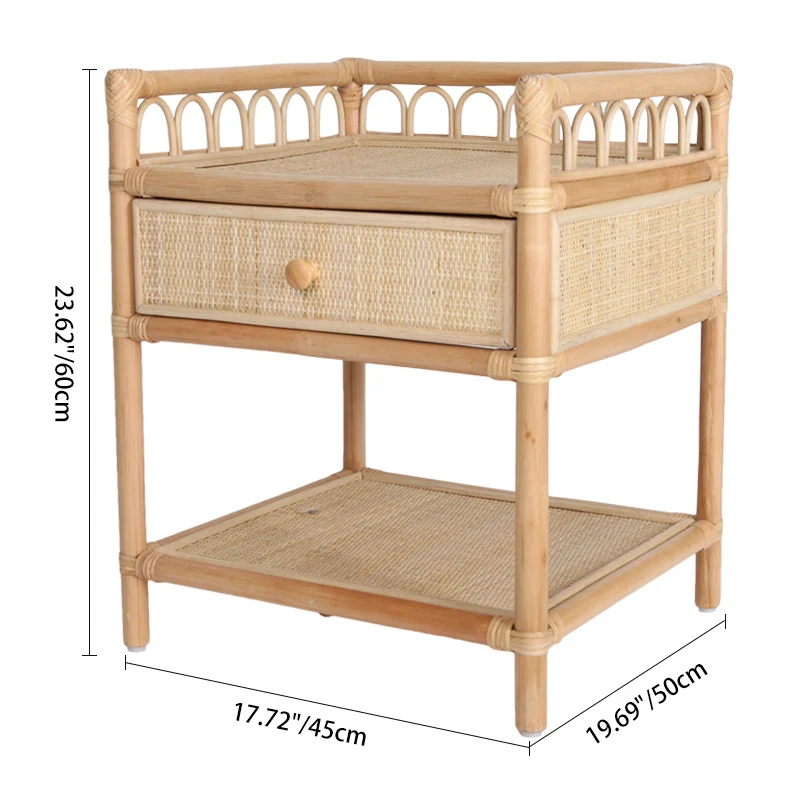 Contemporary Coastal Natural Rattan Handwoven Indonesian Rattan Nightstand - Rectangular Curved Drawer & Open Shelf For Bedroom