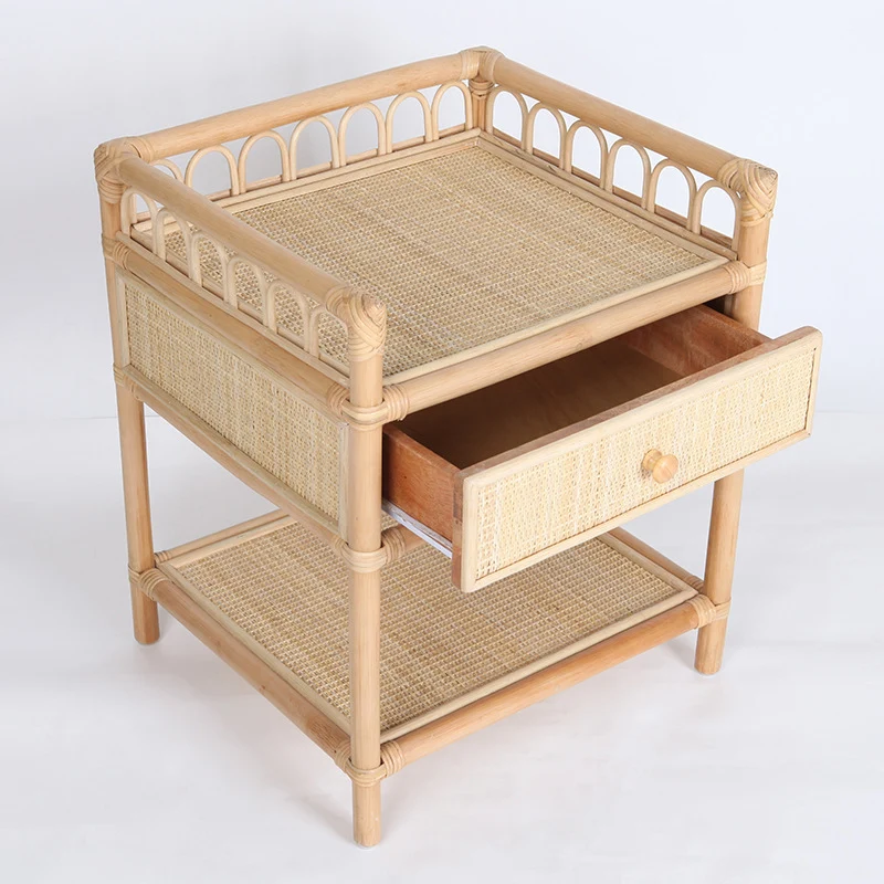 Contemporary Coastal Natural Rattan Handwoven Indonesian Rattan Nightstand - Rectangular Curved Drawer & Open Shelf For Bedroom