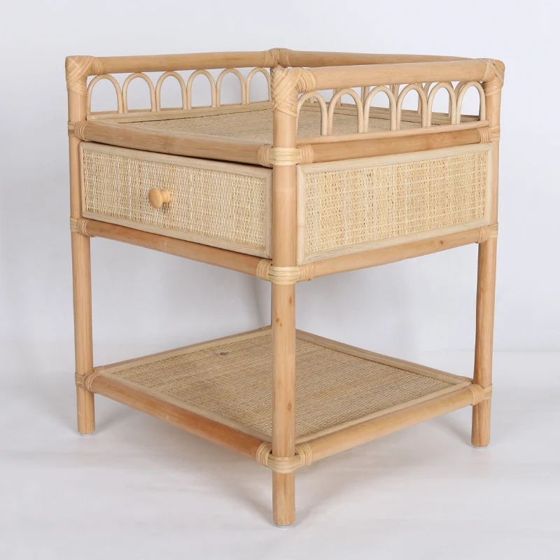 Contemporary Coastal Natural Rattan Handwoven Indonesian Rattan Nightstand - Rectangular Curved Drawer & Open Shelf For Bedroom