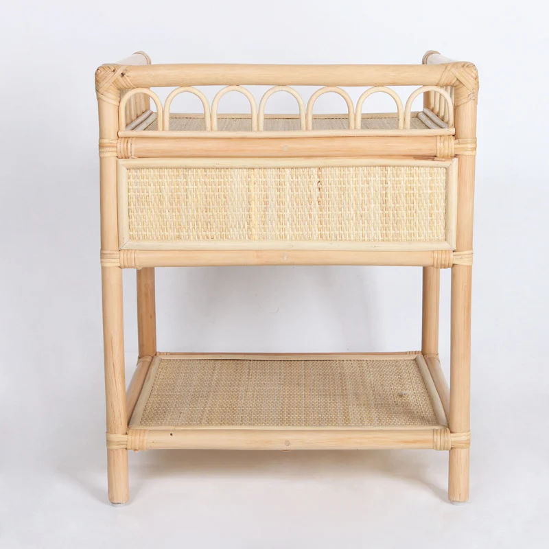 Contemporary Coastal Natural Rattan Handwoven Indonesian Rattan Nightstand - Rectangular Curved Drawer & Open Shelf For Bedroom