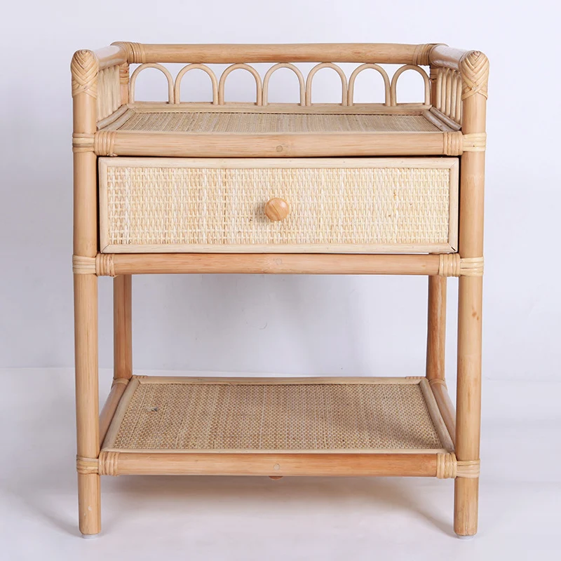 Contemporary Coastal Natural Rattan Handwoven Indonesian Rattan Nightstand - Rectangular Curved Drawer & Open Shelf For Bedroom
