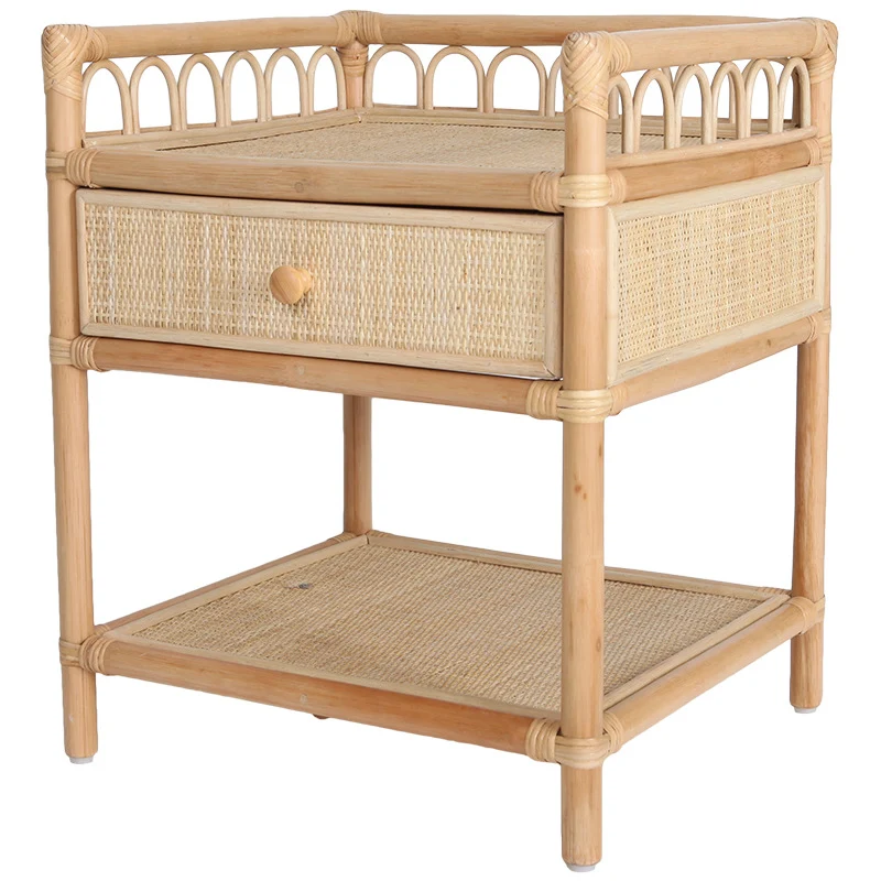 Contemporary Coastal Natural Rattan Handwoven Indonesian Rattan Nightstand - Rectangular Curved Drawer & Open Shelf For Bedroom