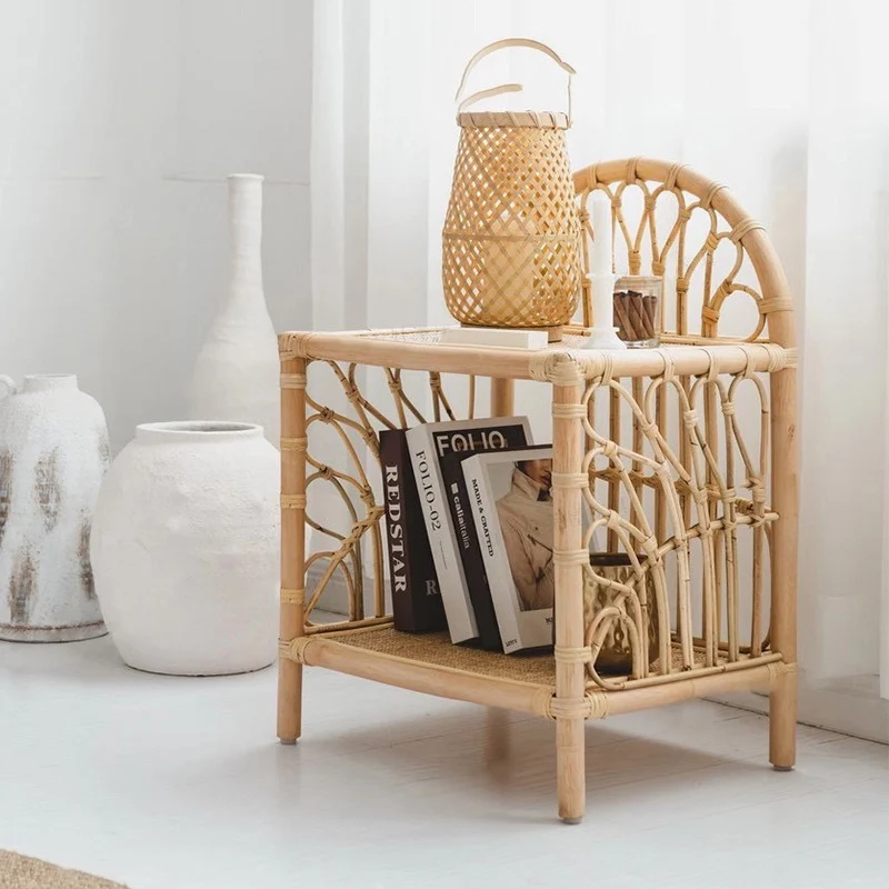 Contemporary Coastal Natural Rattan Handwoven Indonesian Rattan Side Table - Curved With V-Pattern Weave End Table For Living Room