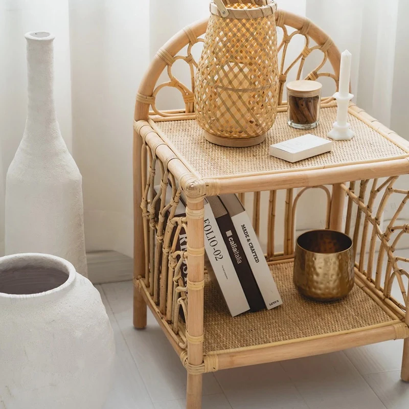 Contemporary Coastal Natural Rattan Handwoven Indonesian Rattan Side Table - Curved With V-Pattern Weave End Table For Living Room