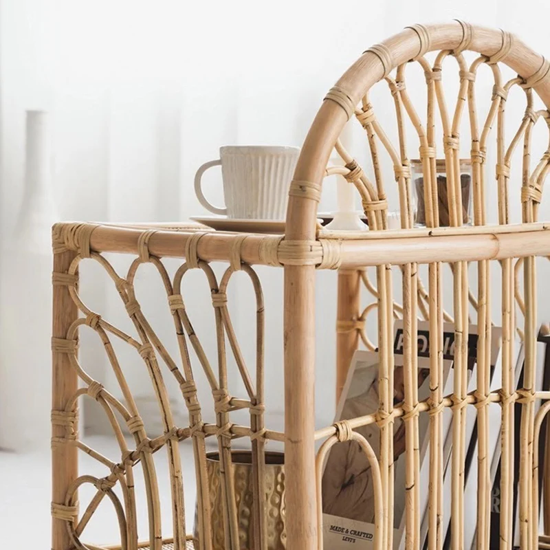 Contemporary Coastal Natural Rattan Handwoven Indonesian Rattan Side Table - Curved With V-Pattern Weave End Table For Living Room