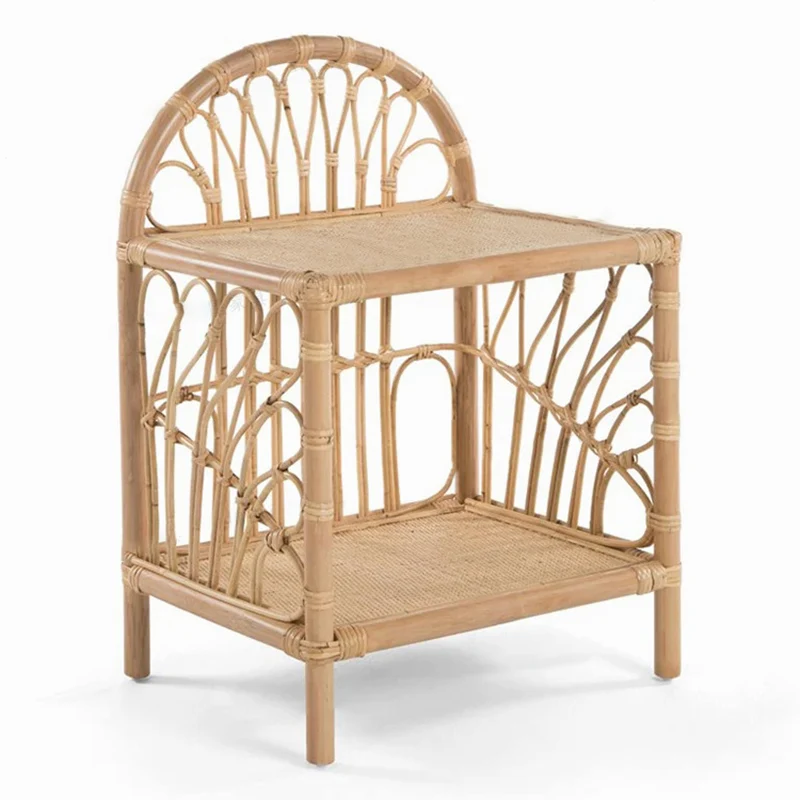 Contemporary Coastal Natural Rattan Handwoven Indonesian Rattan Side Table - Curved With V-Pattern Weave End Table For Living Room