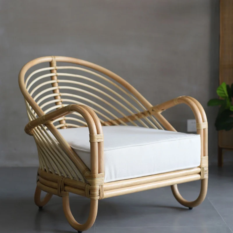Contemporary Boho Natural Rattan Accent Chair - Curved Handwoven Indonesian Rattan Armchair With Waterproof Fabric Cushion For Living Room