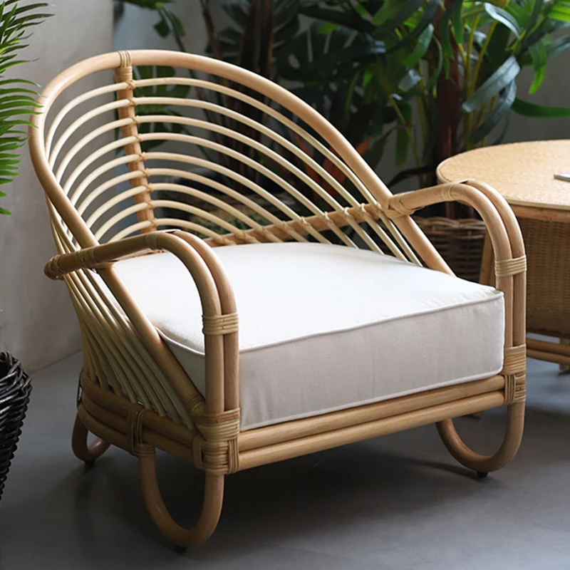 Contemporary Boho Natural Rattan Accent Chair - Curved Handwoven Indonesian Rattan Armchair With Waterproof Fabric Cushion For Living Room